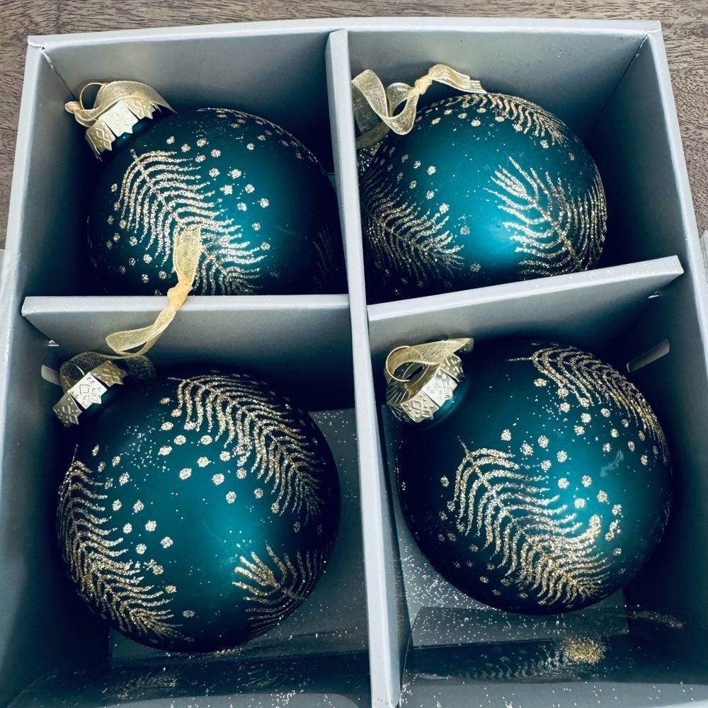 Martha Stewart Teal Green Gold Glitter Feather Christmas Holiday Ornaments